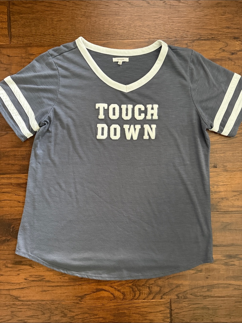 Greyish Blue V-Neck 'TOUCH DOWN' Short Sleeve Tee with White Trim